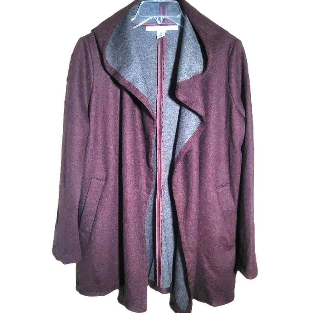 Max Studio Retro Ankola Hooded Open Front Wine/Gray Wool Blend - Size S